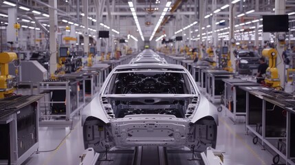Fototapeta premium Unpainted Car Body on an Assembly Line in a Factory