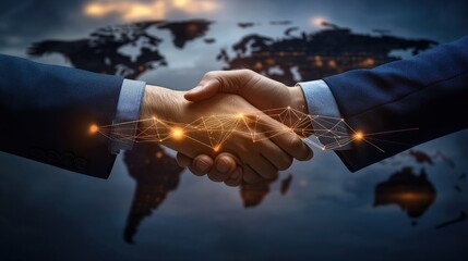 business man handshake with effect global world map network link connection and graph chart of stock market graphic diagram, digital technology, internet communication, teamwork, partnership concept