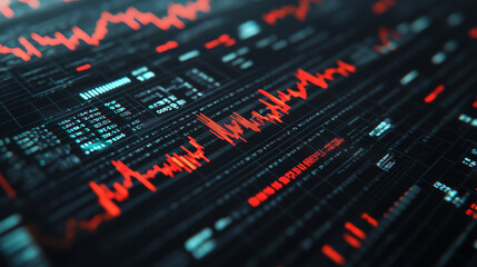 Abstract digital graph with red and blue elements representing data fluctuations and trends. Futuristic design with intricate patterns on a dark background.