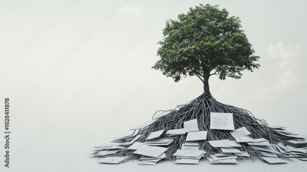 Poster a tree with its roots intertwined with wires, computers, and papers, while its branches extend upwar