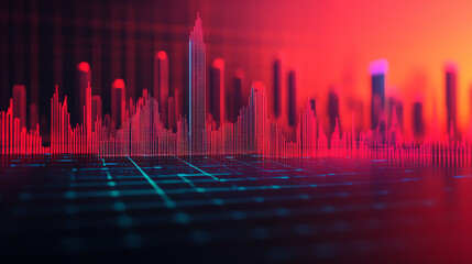 Futuristic digital city skyline with neon lights illuminating the buildings. An abstract representation of technology and urban growth in a vibrant color scheme.