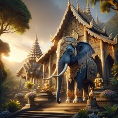 Fototapeta premium Majestic Royal Elephant in Golden Armor Before a Grand Southeast Asian Temple at Sunset, Surrounded by Lush Greenery and Vibrant Flowers, Illuminated by the Warm Glow of the Setting Sun, Symbolizing D