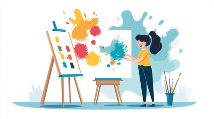A woman paints in her art studio, a smile on her face as she adds vibrant colors to the canvas. Her positive mindset allows her creativity to flow freely.
