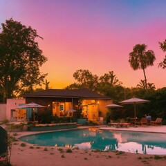 Fototapeta premium Pool and house at sunset, AI generated 