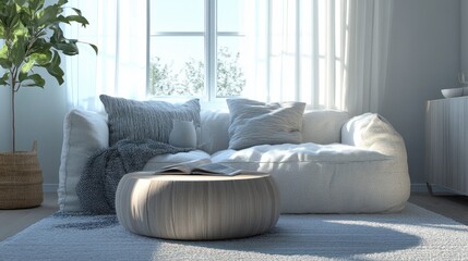 Fototapeta premium Cozy loveseat sofa near round accent coffee table. Scandinavian home interior design of modern living room in farmhouse.