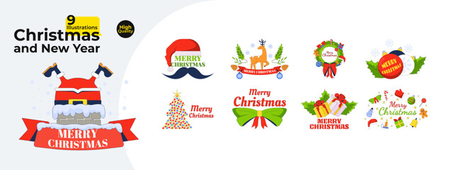 Christmas and New Year 2D illustrations concepts pack. Merry Xmas happy holidays. December Santa gifts cartoon greetings isolated on white. Wintertime magic metaphors flat vector collection