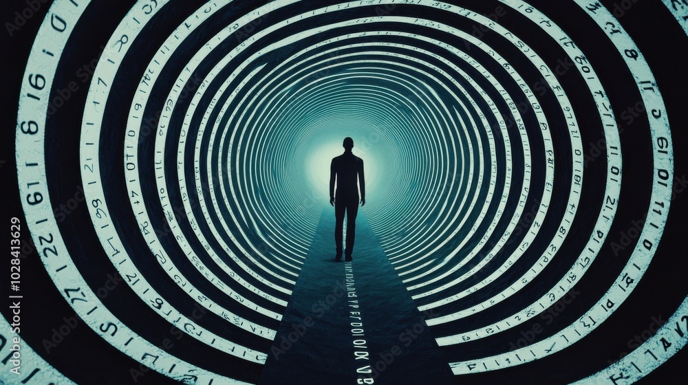 Poster abstract countdown spiral: a person standing at the beginning of a spiral, with numbers counting dow