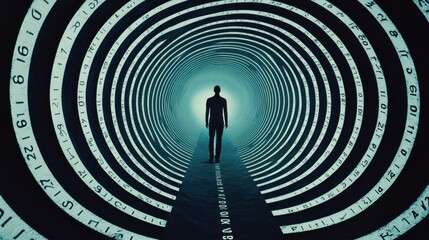 Abstract Countdown Spiral: A person standing at the beginning of a spiral, with numbers counting down along the path