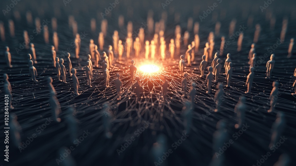 Poster abstract figures standing in a circle, connected by digital threads, with a glowing central point sy