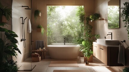 Fototapeta premium Eco-friendly modern bathroom with natural light - generative ai