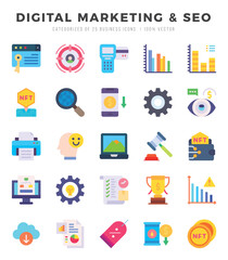 Set of DIGITAL MARKETING & SEO Icons. Simple Flat art style icons pack. Vector illustration.