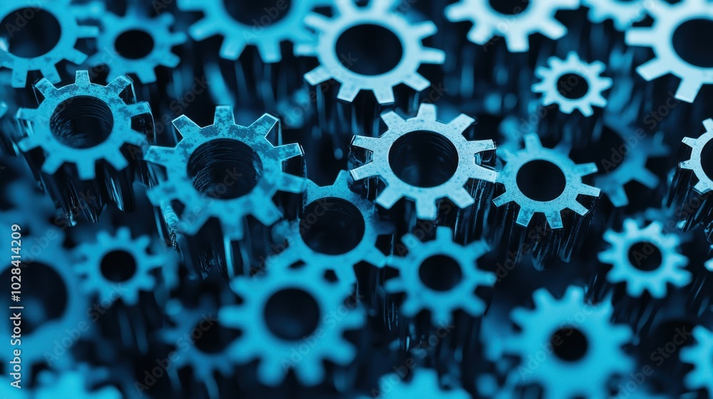 Poster abstract gears made of human shapes, all interconnected and moving in unison, symbolizing the import