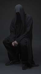 Mysterious figure in dark hooded cloak sits in shadowy ambiance, AI