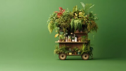 Lush green plant cart against a vibrant green backdrop, AI