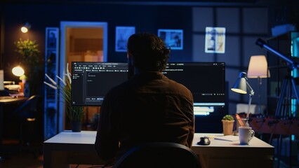 Software engineer writes binary code scripts on computer and drinks coffee. IT specialist in home...