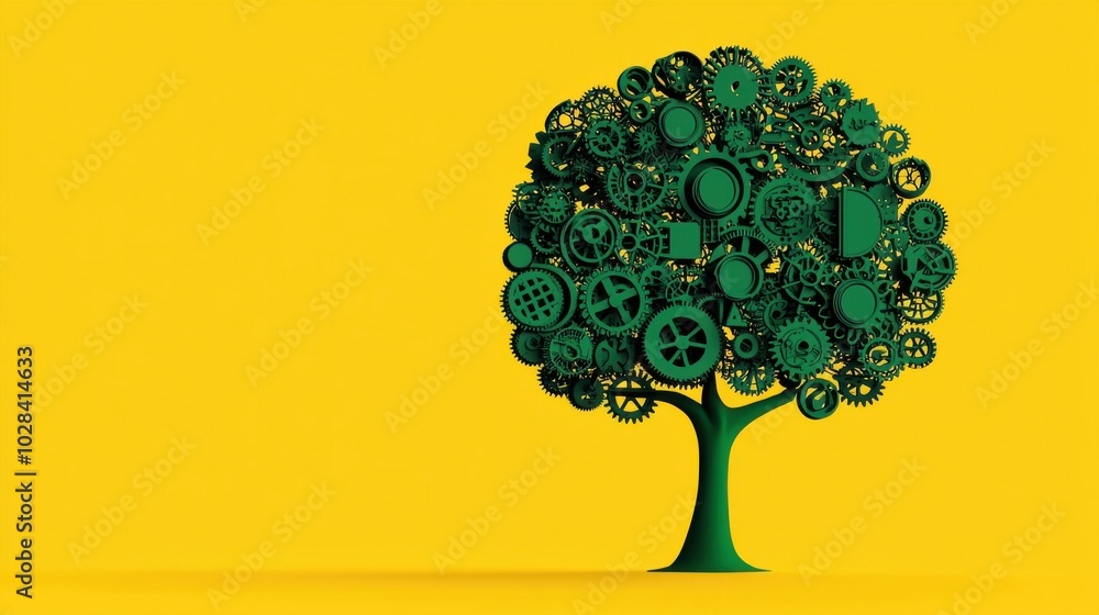 Poster adaptive growth tree: an abstract tree with flexible branches, each transforming into gears and tech