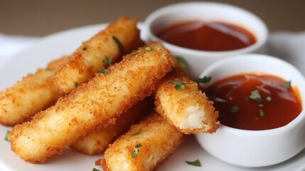 Crispy halloumi cheese sticks with chili sauce, golden texture, gourmet appetizer
