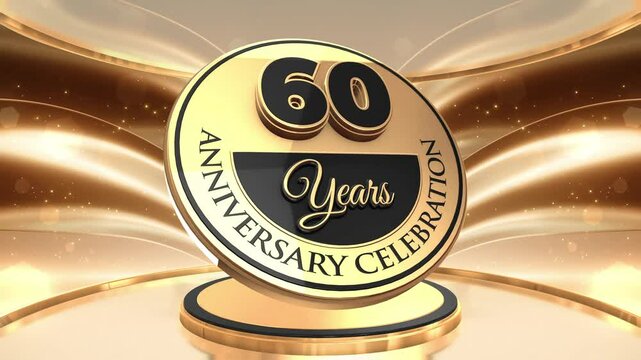 60 years, 60th anniversary logo loop, looped video background, backdrop in 3D Gold 