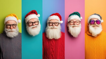 Five cheerful Santas in colorful sweaters and hats stand against vibrant backgrounds, AI