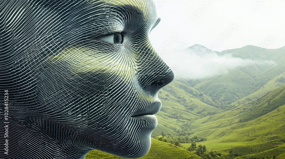 Poster an abstract face made of digital lines and geometric shapes with one eye on a computer screen and th