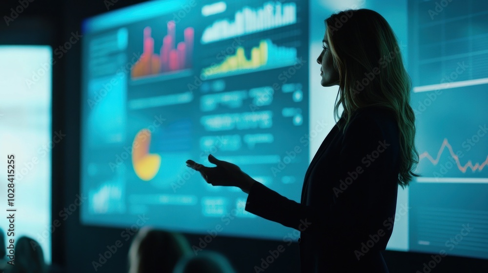 Poster a silhouette of a presenter in front of data visualizations during a business presentation.