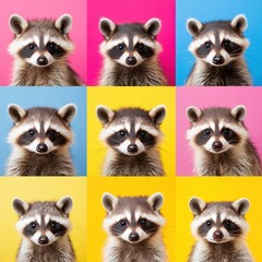 Obraz premium Adorable raccoons with colorful backgrounds create a playful pop art effect, AI