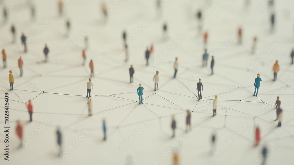 Poster group of simple miniature people shapes connected by thread lines on a simple background. wallpaper 