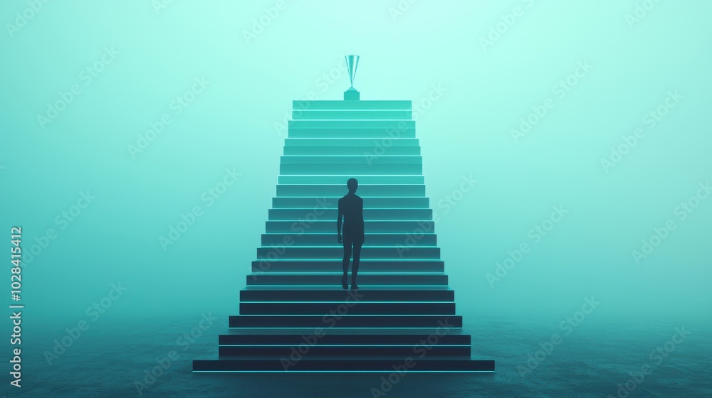Poster an abstract figure standing at the base of a staircase made of glowing blocks, each block representi