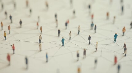 Group of simple miniature people shapes connected by thread lines on a simple background. Wallpaper of communication, social communications