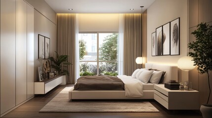 Habitacion moderna minimalista en tonos beige y blancos, con cama blanca, suelo de madera y macetero marron claro con planta. Pared con marco y poster vacio blanco para mostrar productos