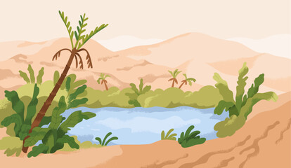 Desert landscape with calm oasis, water among sand dunes. Peaceful tranquil tropical nature scene with palms and greenery, arid environment. Serene lake and plants, scenery. Flat vector illustration