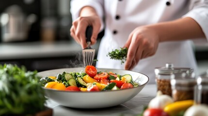 Close-up of a chef adding fresh herbs to a bowl of salad.