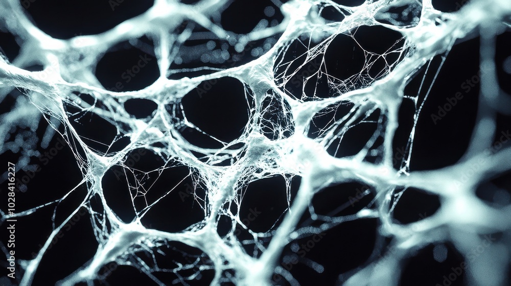 Poster an abstract, tangled web slowly untangling itself with threads of light connecting the broken pieces