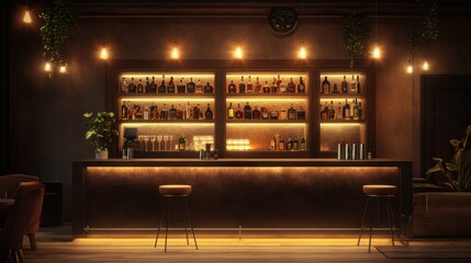 Interior of a cozy modern restaurant with a stylish bar counter and warm lamp lighting.
