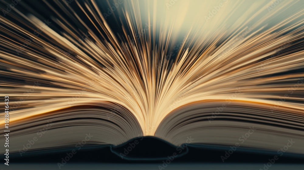 Poster an open book with pages that transform into radiant beams of light, representing knowledge, insights