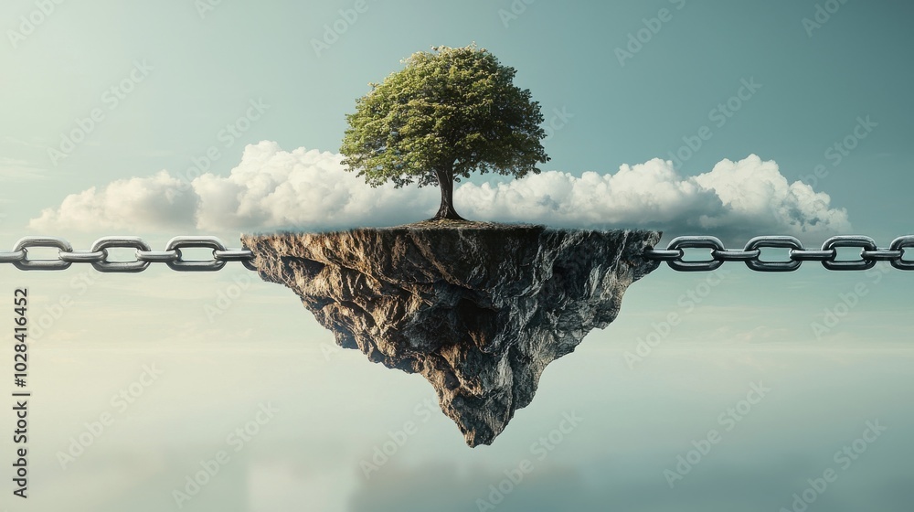 Poster anchor of dreams: a floating island with abstract clouds and ideas, but anchored securely to the gro