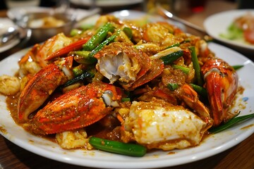 Close-up of Delicious Stir-Fried Crab Claws with Green Onions and Sauce on a White Plate.