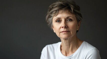 Beautiful older woman in white t-shirt female breast dark background Breast cancer support, prevention, mammography, screening, oncology, cancer treatment