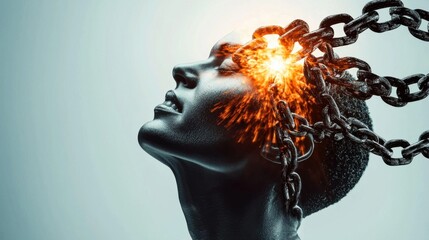 Breaking the Chains of Negativity: A person breaking free from heavy, dark chains attached to their mind, with each link falling away to reveal a bright