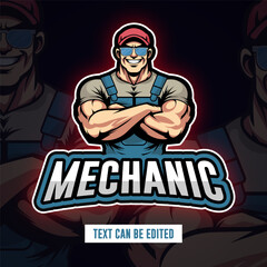 Masculine muscular mechanic mascot