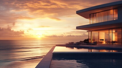 Luxurious modern beach villa overlooking the ocean at sunset, offering serene and tranquil coastal living for perfect relaxation and vacation