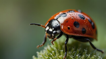 Obraz premium A close-up of a ladybug with water droplets on its shell, perched on a green leaf.