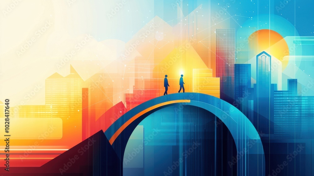 Poster building bridges of understanding: abstract bridges connecting human figures standing on different p