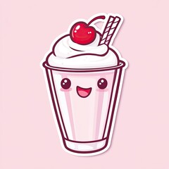 Cute Cartoon Illustration of a Strawberry Milkshake with a Cherry on Top