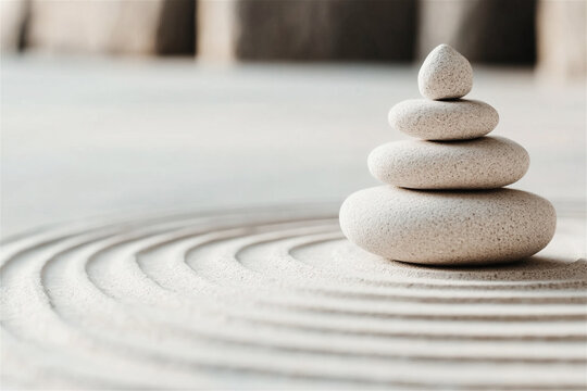 White stones balancing on top of each other on white sand creating a relaxing zen like atmosphere