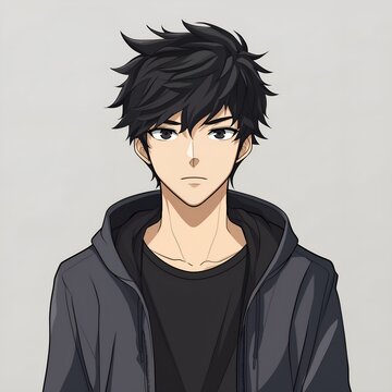 recommend clip art: anime-style avatar of a young man with black hair. He should be standing in the center, facing the viewer with a neutral or friendly expression