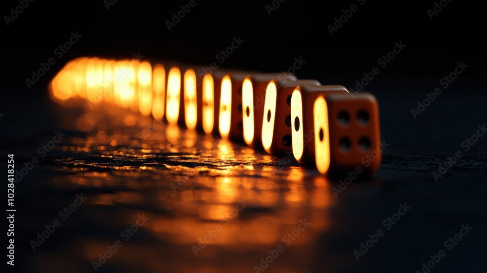 Poster cascading domino effect: a sequence of small dominos, each slightly larger than the previous one, fa