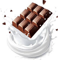 Chocolate bar rotates in splashes of milk on background Isolated on background. Vector illustration. Gradient Mesh