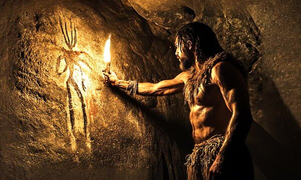 Caveman Examining Ancient Art