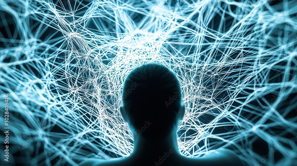 Poster chaotic web: a person trapped in a web of tangled, glowing strings, each leading in different direct